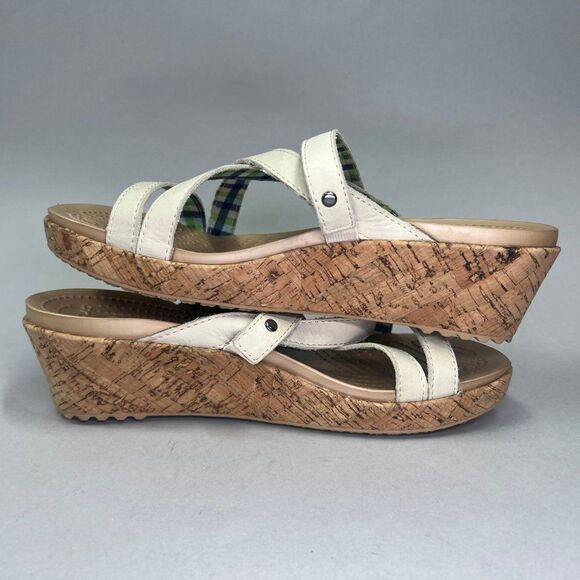 Crocs Women's‎ Size 9 A-Leigh Cream Leather Strap Cork Wedge Sandals - Picture 7 of 10